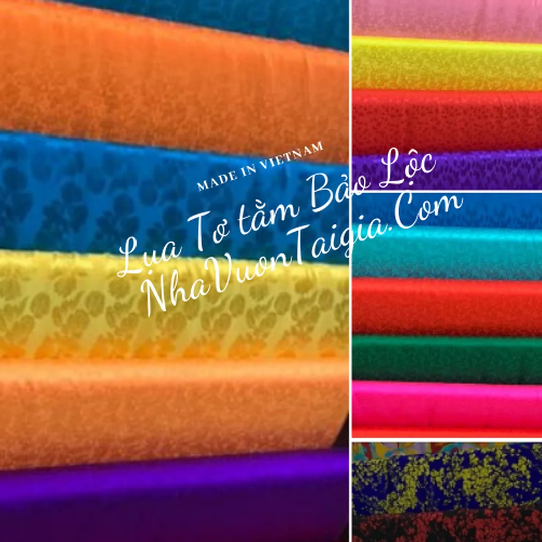 các tấm vải gấm tơ tằm bảo lộc lâm đồng hoa văn nổi nhiều màu