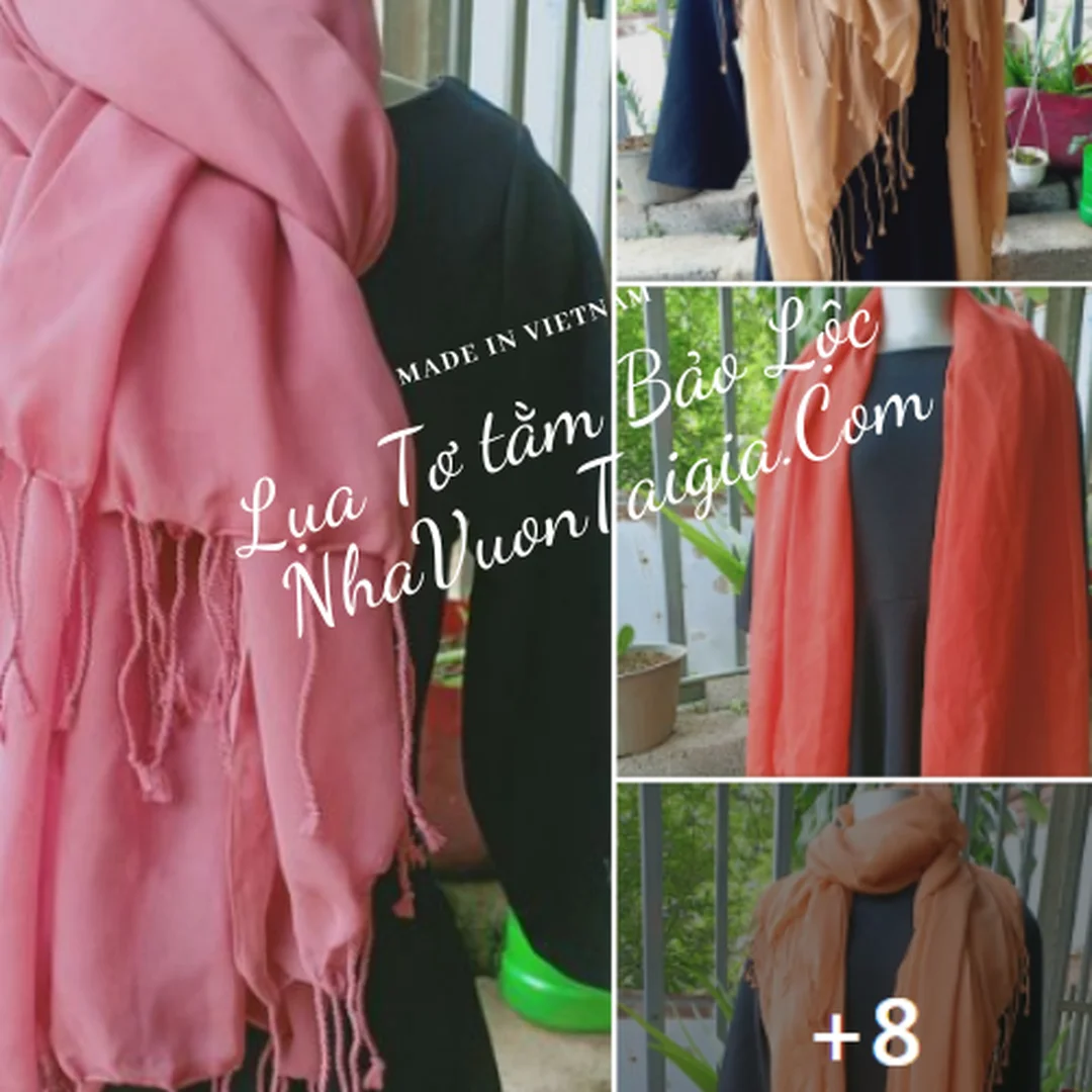 khăn choàng tơ tằm bảo lộc lâm đồng màu hồng nhạt có tua rua